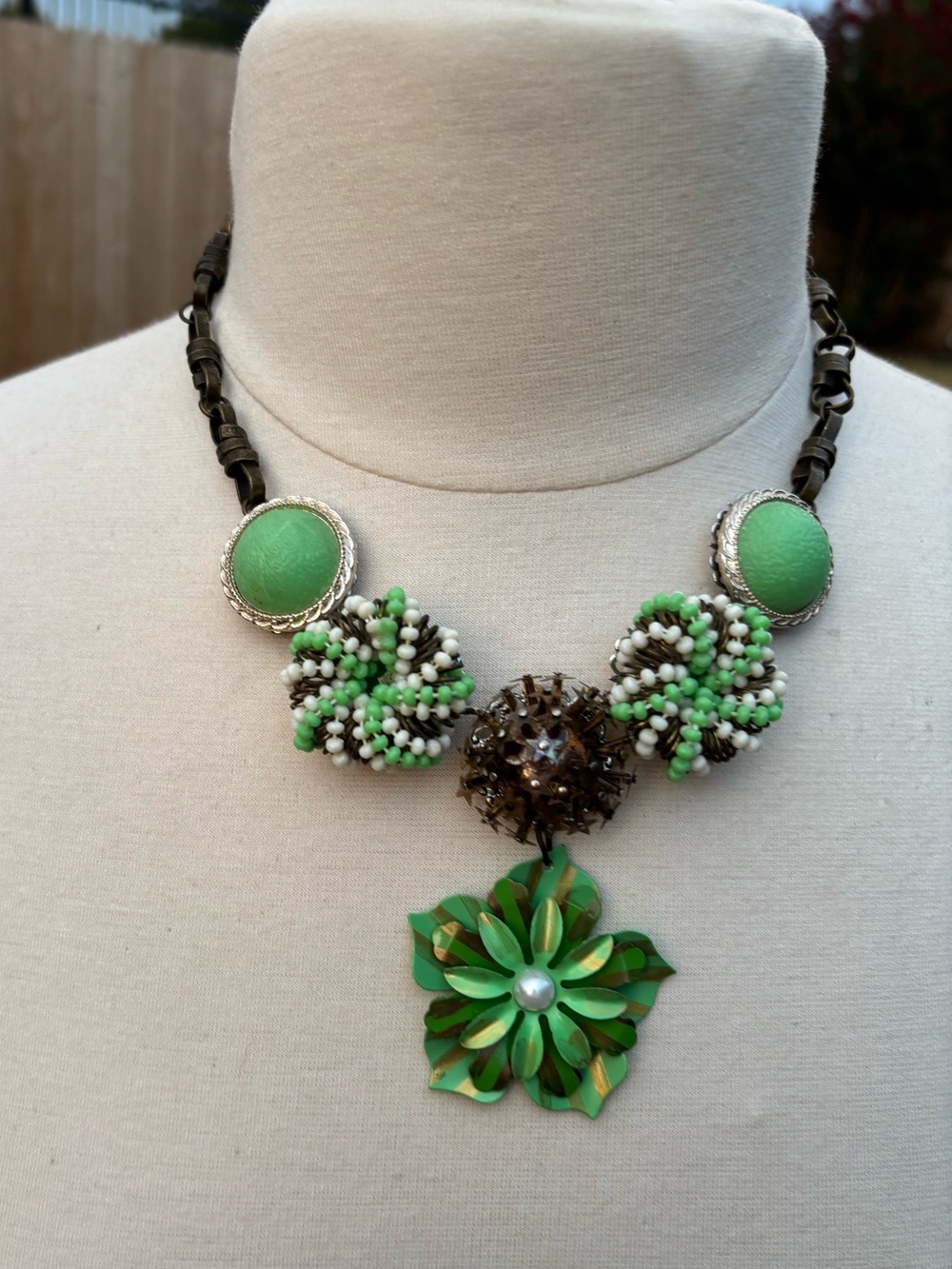 “Green Machine 2.0” 💚 Hand Crafted Green and White Floral Cluster Necklace